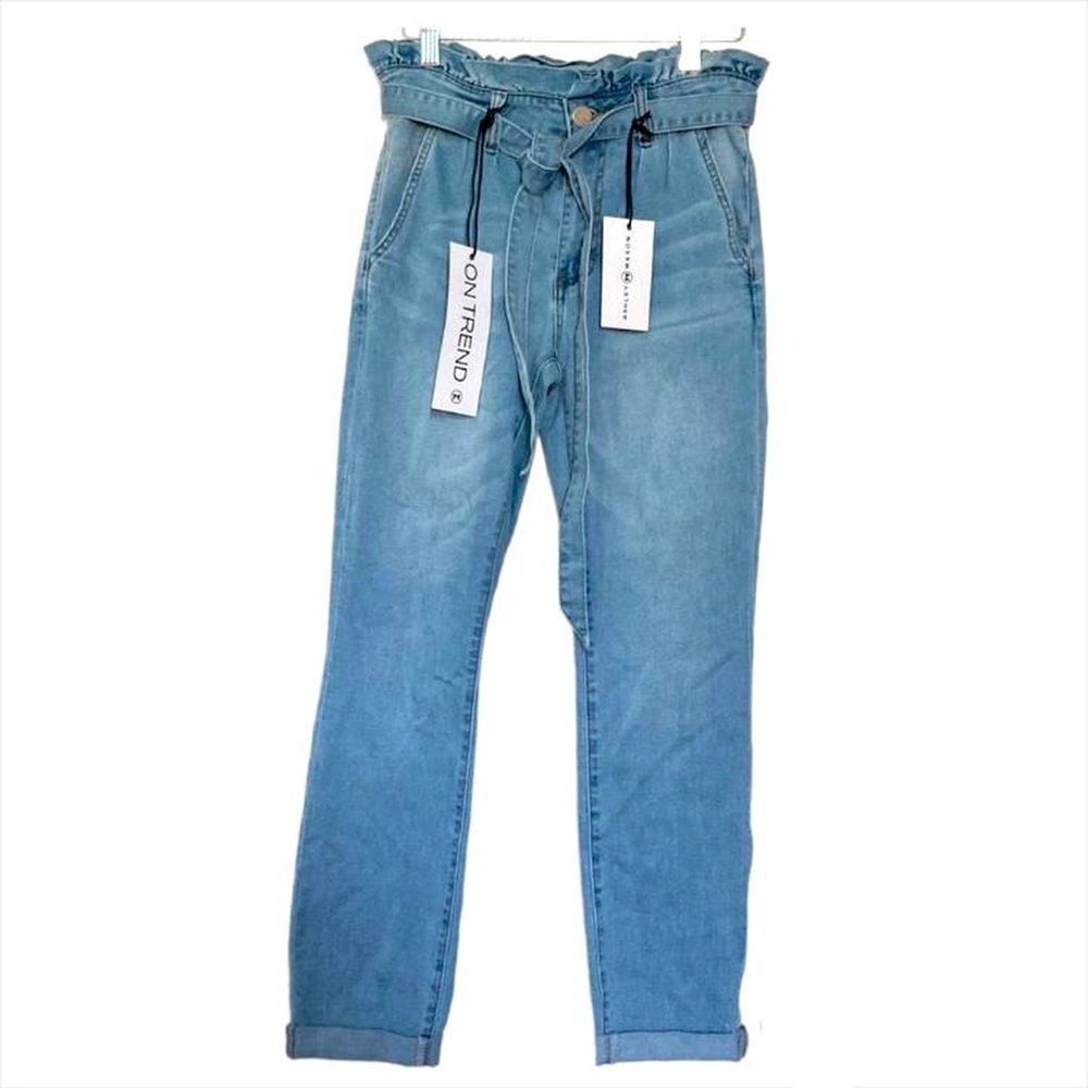 Light wash paper bag jeans with denim belt